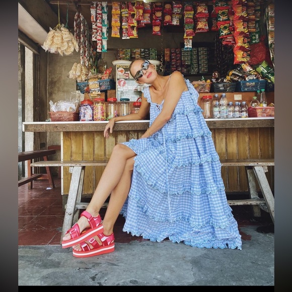 Innika Choo Iva Biig dress scallop frill dress in dusk gingham sz 1 - Picture 2 of 16